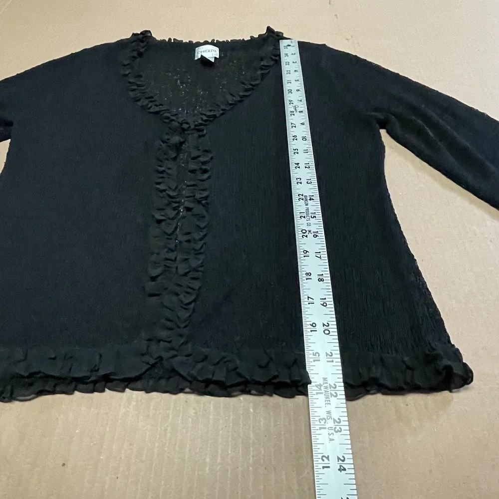 VTG Chico's Black Ruffle Trim Open Cardigan Sz‎ 1 Medium  Textured Knit Sweater